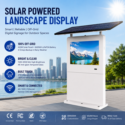 太陽光発電の屋外デジタル掲示板 2000 Nits 亮度,3600Wh LiFePO4 バッテリー,IP55 認証