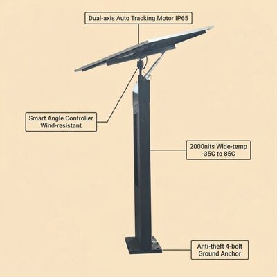 二軸自動太陽光追跡 2000 ニット高輝度ディスプレイと IP65 保護を備えた太陽光追跡デジタル サイネージ トーテム