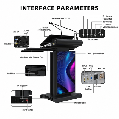 ブラック高輝度スマート演台 23.6 インチ 4K PCAP タッチスクリーン 32 インチフロントサイネージ演台会議用