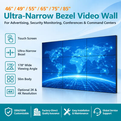 46-85 Inch Ultra Narrow Bezel 4K LCD Video Wall Splicing Display 500nits 0.88mm
